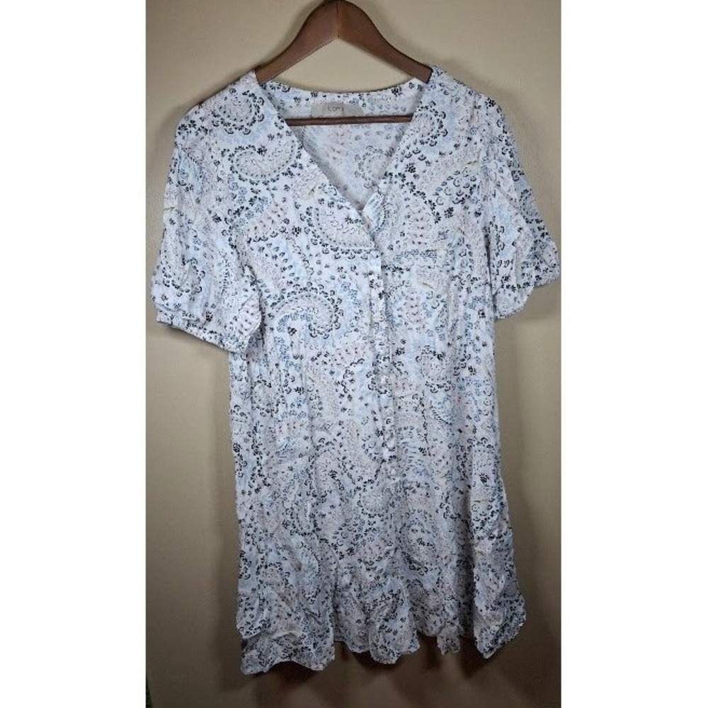 LOFT Womens Blue Lavender Paisley Floral Button Front V-Neck Ruffle Hem Dress S